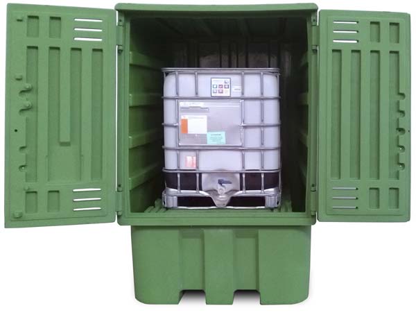 box armadio in plastica con vasca di raccolta 
		  per stoccaggio all'aperto di cisternetta IBC