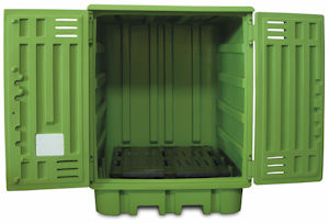box in plastica per 4 fusti con vasca di raccolta con 
		  capacità 450 litri